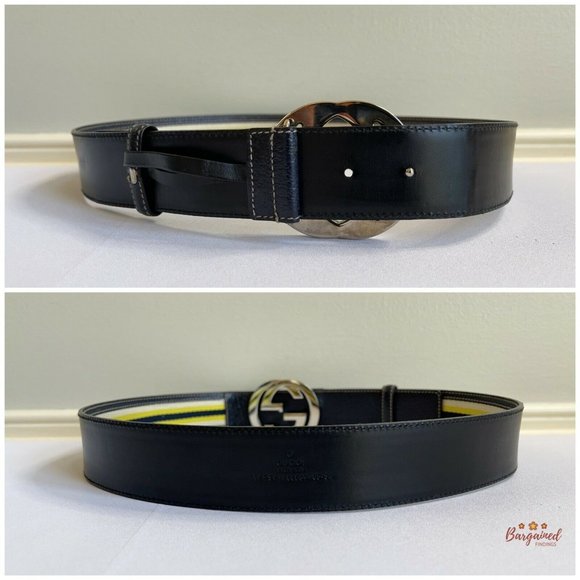 Authentic GUCCI Web Canvas Leather Gold Interlocking G Buckle Belt 85/34 - Picture 6 of 13
